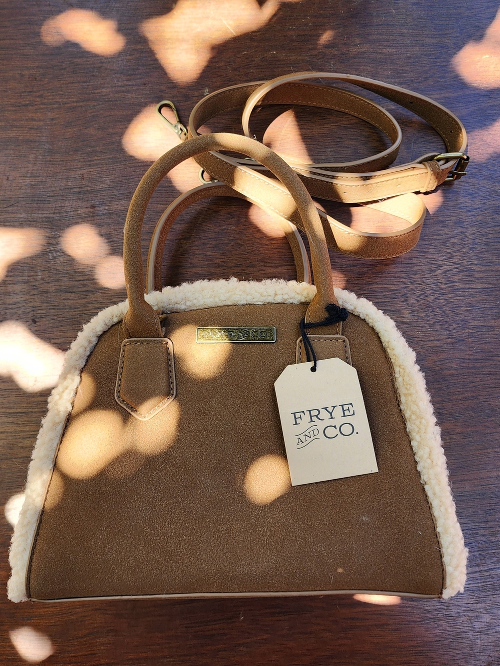 Frye and Co Core Satchel Bag Cognac Brown Faux Suede Sherpa Trim NWT - Picture 10 of 10